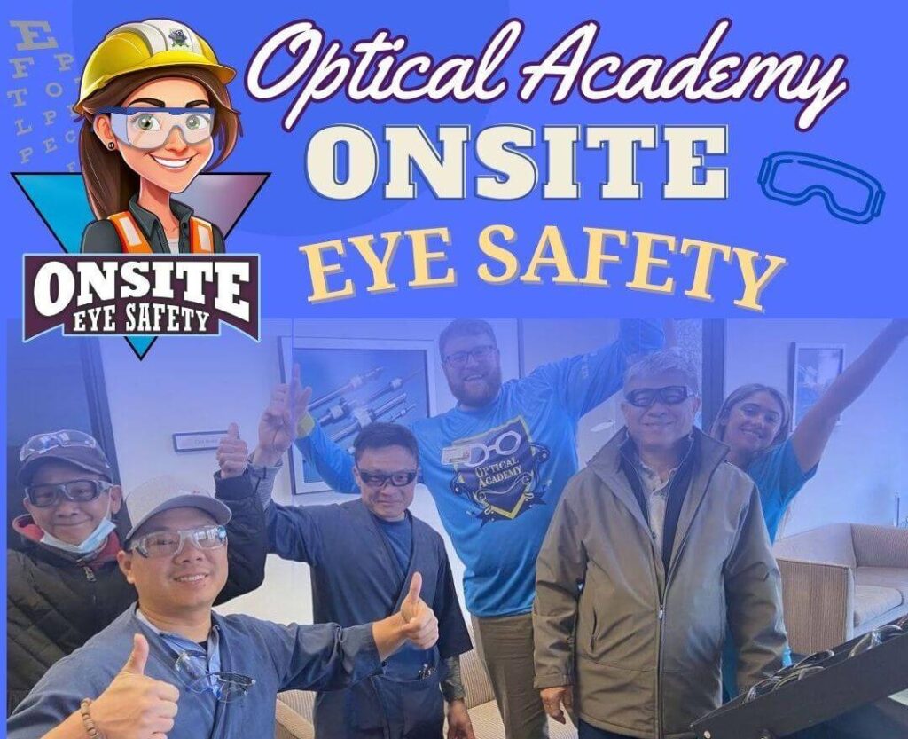 A modern advertisement for Optical Academy Onsite Eye Safety with a blue and white color scheme, featuring an image of an eye in the center, surrounded by text promoting eye health services.