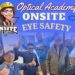 A modern advertisement for Optical Academy Onsite Eye Safety with a blue and white color scheme, featuring an image of an eye in the center, surrounded by text promoting eye health services.